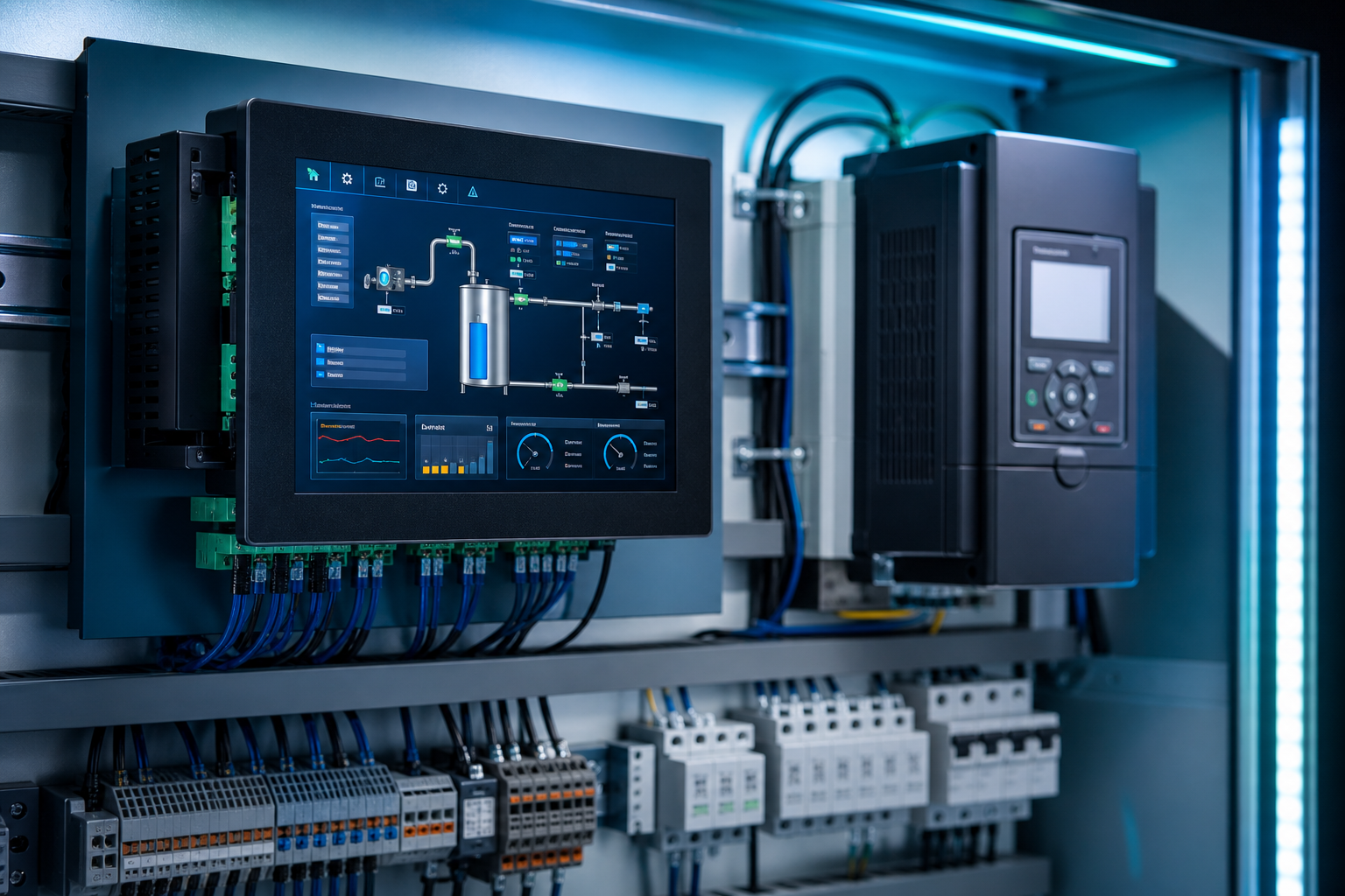 Industrial control panel with a PLC, touchscreen HMI and inverter