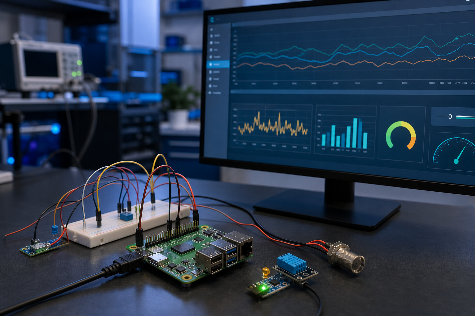 Raspberry Pi connected to sensors with a live monitoring dashboard